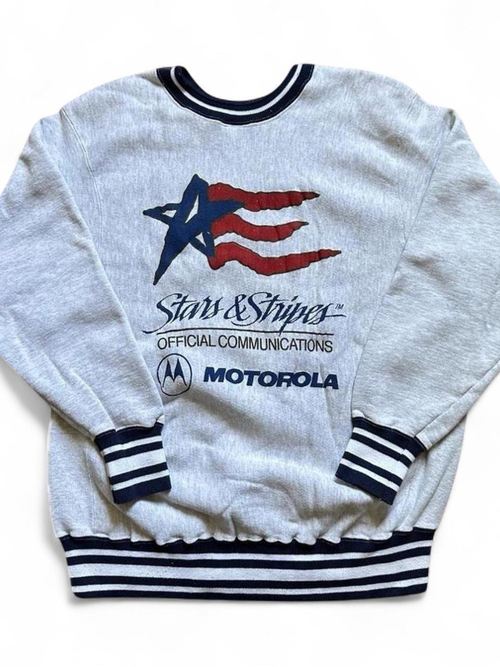Vintage 1990s Motorola tech Stars & Stripes Grey Crewneck Sweater L